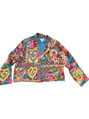 Sandy‎ Starkman Heart Motif Floral Patchwork Jacket Blazer Large 2 Button Granny